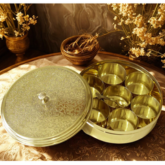 Etched Brass Masala Dabba (7 Inch) | Traditional Indian Spice Box