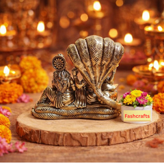 Brass Laxmi Vishnu Idol – 4 Inch Hindu God Goddess Statue, Lakshmi Vishnu on Sheshnaag, Religious Home Decor, Pooja Mandir Murti