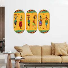 Fashcraft African Warli Art Wooden Wall Hanging (Set of 3) | Tribal MDF Wall Decor for Home & Office