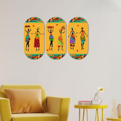 Fashcraft African Warli Art Wooden Wall Hanging (Set of 3) | Tribal MDF Wall Decor for Home & Office