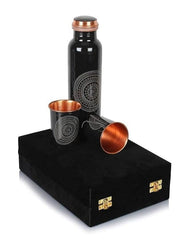 Premium Black Copper Water Bottle Gift Set with 2 Glasses Designer Print | Luxury Gift Box | Ayurvedic Health Benefits | Leak-Proof | 1 Litre
