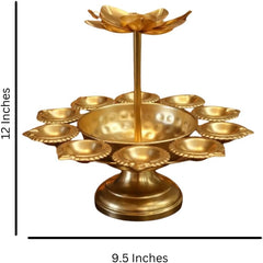 9 Diya Urli Decoration Stand with Central Lotus Candle Holder – Traditional Multi Diya Stand for Diwali, Pooja Room & Home Décor