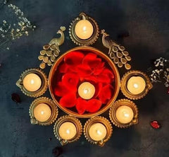 Peacock Design Urli Bowl – 10” Decorative Diya Bowl for Floating Flowers & Tea Light Candles | Diwali & Home Decor