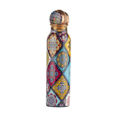 Pure Copper Designer Water Bottle with Multicolor Ethnic Print | Leak-Proof | Ayurvedic Health Benefits | 1000 ml | Antique Copper Cap