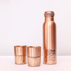 Pure Copper Half Hammered Water Bottle with 2 Glasses Plain & Hammered Finish Leak-Proof Ayurvedic Health Benefits 1 Litre Set