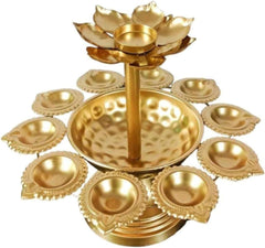 9 Diya Urli Decoration Stand with Central Lotus Candle Holder – Traditional Multi Diya Stand for Diwali, Pooja Room & Home Décor