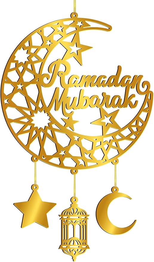 Ramadan Mubarak Wooden Door Wreath – Hollow Moon & Star Islamic Wall Decor | Eid Mubarak Kareem Hanging Ornament for Home, Party & Front Door Decoration (12 x 9 Inch) (Ramadan)