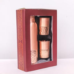 Pure Copper Half Hammered Water Bottle with 2 Glasses Plain & Hammered Finish Leak-Proof Ayurvedic Health Benefits 1 Litre Set