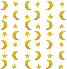Ramadan Kareem Decorations for Home – Gold Glitter Moon & Star Banner Garland, 5-Meter Eid Mubarak Party Décor