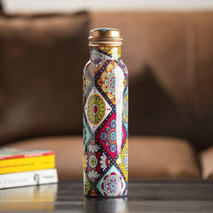 Pure Copper Designer Water Bottle with Multicolor Ethnic Print | Leak-Proof | Ayurvedic Health Benefits | 1000 ml | Antique Copper Cap