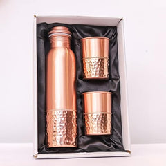 Pure Copper Half Hammered Water Bottle with 2 Glasses Plain & Hammered Finish Leak-Proof Ayurvedic Health Benefits 1 Litre Set