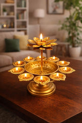 9 Diya Urli Decoration Stand with Central Lotus Candle Holder – Traditional Multi Diya Stand for Diwali, Pooja Room & Home Décor
