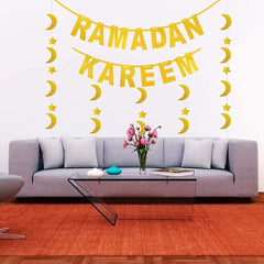 Ramadan Kareem Decorations for Home – Gold Glitter Moon & Star Banner Garland, 5-Meter Eid Mubarak Party Décor