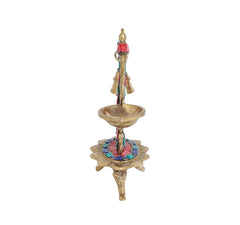 8 Inch Pure Brass Peacock Diya with Gemstone Work & Hanging Bell – Antique Carved Oil Lamp for Home & Pooja – Pack of 1