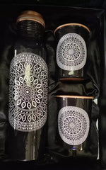 Premium Black Copper Water Bottle Gift Set with 2 Glasses Designer Print | Luxury Gift Box | Ayurvedic Health Benefits | Leak-Proof | 1 Litre