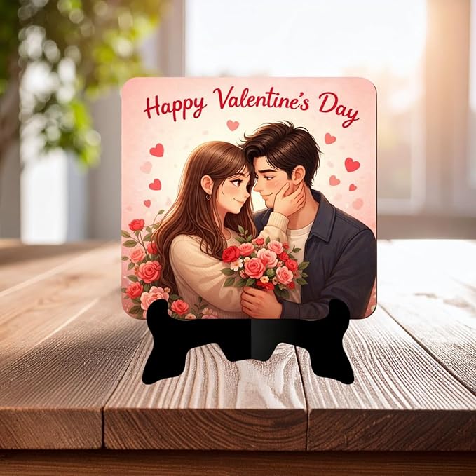 Beautiful Happy Valentine's Day Decorative Table Stand with Love Quote, Romantic Gift for Girlfriend/Boyfriend/Husband/Wife, (7" Inches)