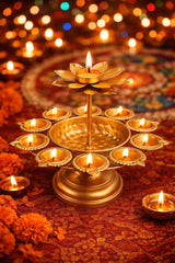 9 Diya Urli Decoration Stand with Central Lotus Candle Holder – Traditional Multi Diya Stand for Diwali, Pooja Room & Home Décor