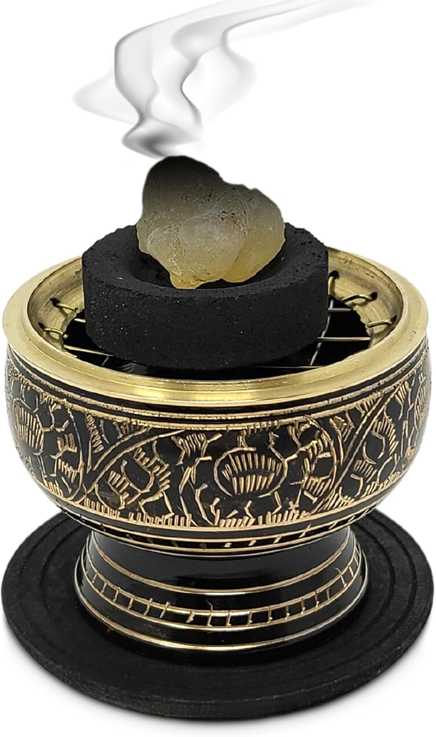 Small Decorated Brass Charcoal Screen Incense Burner with Wooden Coaster – Resin & Frankincense Holder