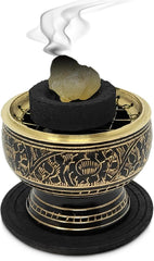 Small Decorated Brass Charcoal Screen Incense Burner with Wooden Coaster – Resin & Frankincense Holder