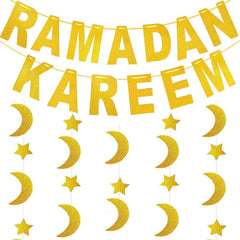 Ramadan Kareem Decorations for Home – Gold Glitter Moon & Star Banner Garland, 5-Meter Eid Mubarak Party Décor