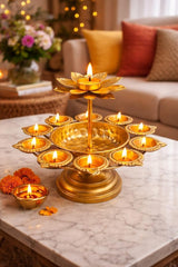 9 Diya Urli Decoration Stand with Central Lotus Candle Holder – Traditional Multi Diya Stand for Diwali, Pooja Room & Home Décor
