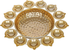 14 Inch Gold Diya Shape Urli Bowl – Handcrafted Metal Floating Flower & Tealight Candle Holder for Diwali, Puja, Home & Office Table Décor