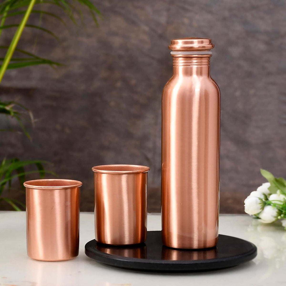 100% Pure Copper Water Bottle 1 Litre with Matching Tumbler Gift Set | 100% Pure Copper | Leak-Proof | 2 Copper Glasses (300 ml Each) | Ideal for Gifting | Matte Lacquer Finish