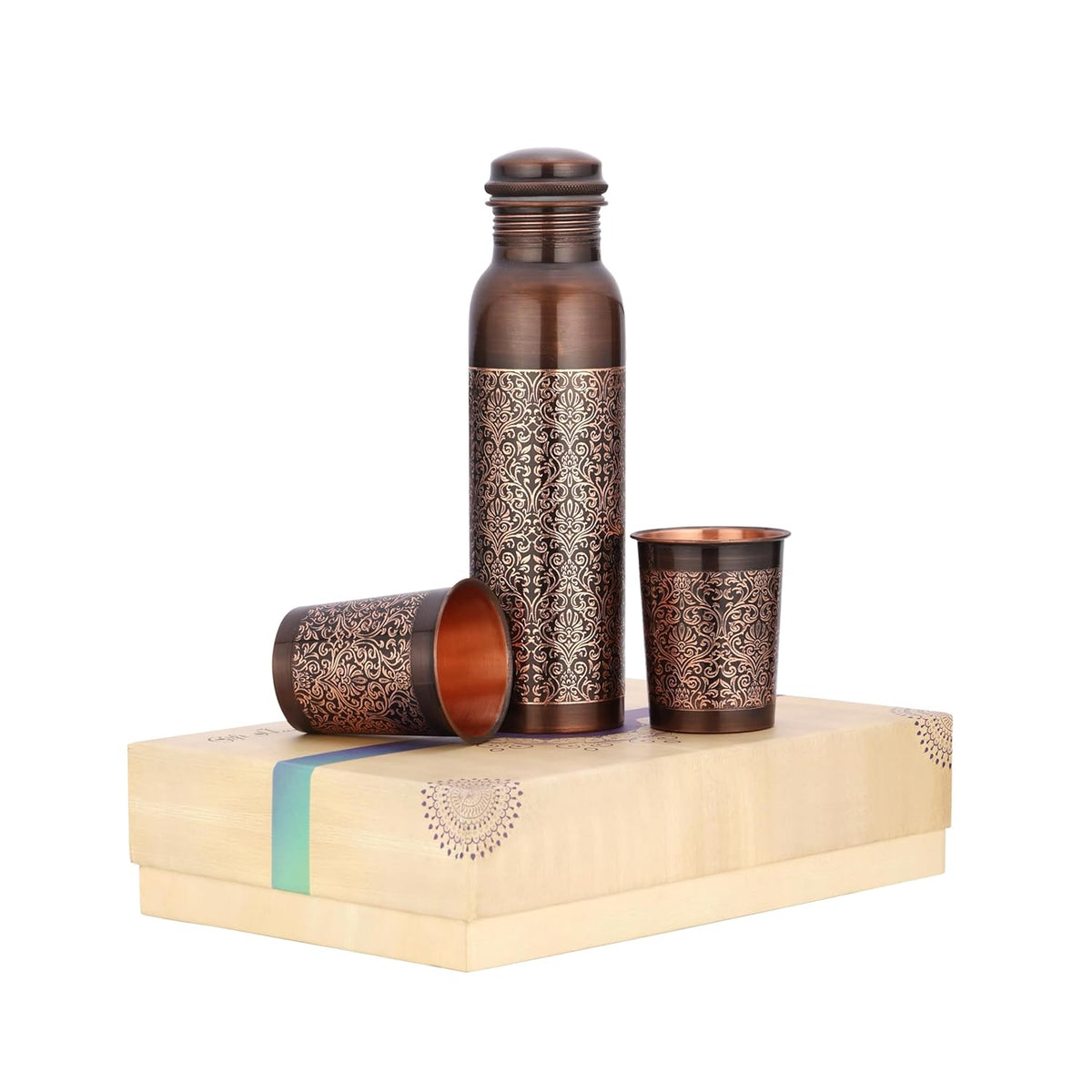 Pure Copper Designer Water Bottle with Advanced Leak Proof Protection, Ayurveda and Yoga Health Benefits. with 2 tumbler Set