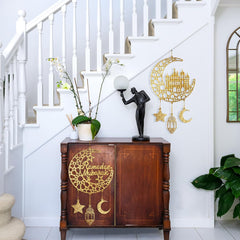 Eid Mubarak Hanging Wooden Door Panel, Ramadan Kareem Hollow Decor Wooden Wall Decor for Muslim Islamic Muslim Home Decor 2 Pack