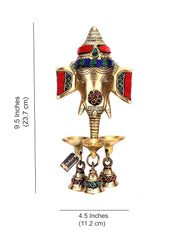 Gemstone Work Brass Ganesha Wall Hanging Diya with Bells – Decorative Temple Oil Lamp for Home & Diwali Decor (Pack of 1)