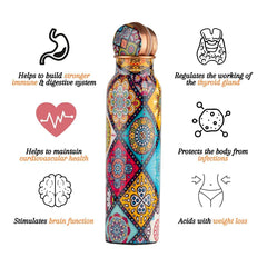 Pure Copper Designer Water Bottle with Multicolor Ethnic Print | Leak-Proof | Ayurvedic Health Benefits | 1000 ml | Antique Copper Cap