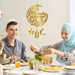 Ramadan Mubarak Wooden Door Wreath – Hollow Moon & Star Islamic Wall Decor | Eid Mubarak Kareem Hanging Ornament for Home, Party & Front Door Decoration (12 x 9 Inch) (Ramadan)