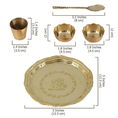 Traditional 5 Inch Brass Bhog Thali Set – Pooja Plate with Bowls, Glass & Spoon – Small Golden Set of 5