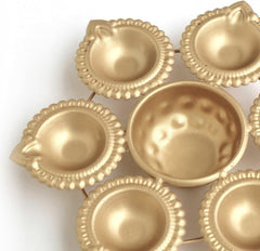 7 Inch Gold Diya Shape Urli Bowl with Diyas – Small Metal Tealight Candle Holder for Diwali, Puja, Wedding & Home Table Décor