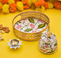 Metal Pichwai Tray with Steel Jar & Lotus Brass Diya