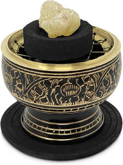 Small Decorated Brass Charcoal Screen Incense Burner with Wooden Coaster – Resin & Frankincense Holder