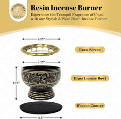 Small Decorated Brass Charcoal Screen Incense Burner with Wooden Coaster – Resin & Frankincense Holder