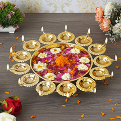 14 Inch Gold Diya Shape Urli Bowl – Handcrafted Metal Floating Flower & Tealight Candle Holder for Diwali, Puja, Home & Office Table Décor