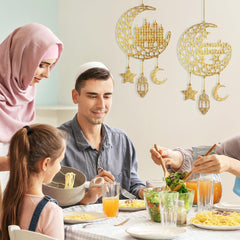 Eid Mubarak Hanging Wooden Door Panel, Ramadan Kareem Hollow Decor Wooden Wall Decor for Muslim Islamic Muslim Home Decor 2 Pack