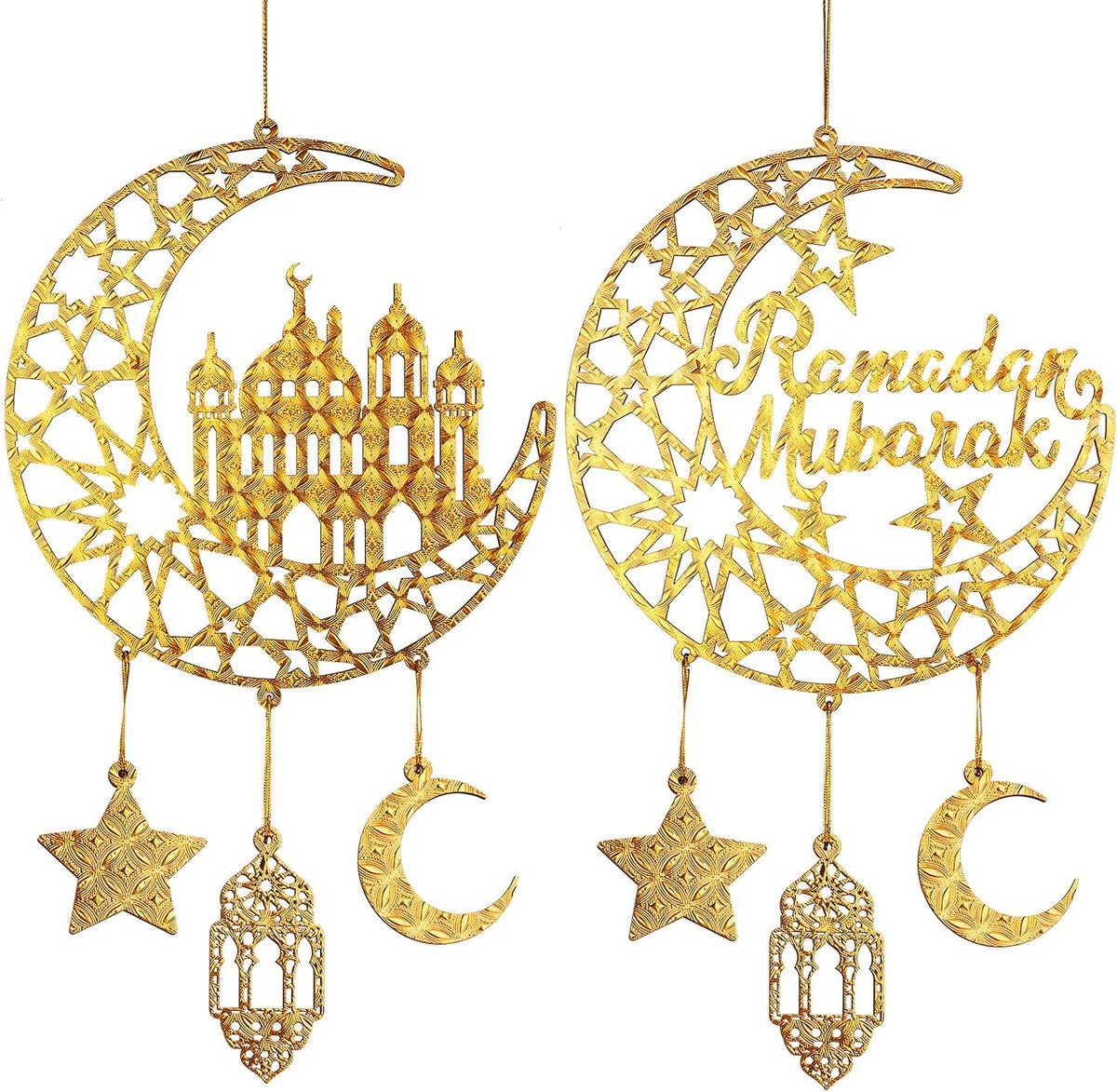 Eid Mubarak Hanging Wooden Door Panel, Ramadan Kareem Hollow Decor Wooden Wall Decor for Muslim Islamic Muslim Home Decor 2 Pack
