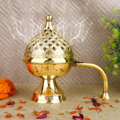 Pure Brass Dhuni Loban Burner with Long Handle –Antique Dhoop Dani for Pooja, Agarbatti & Home Purification