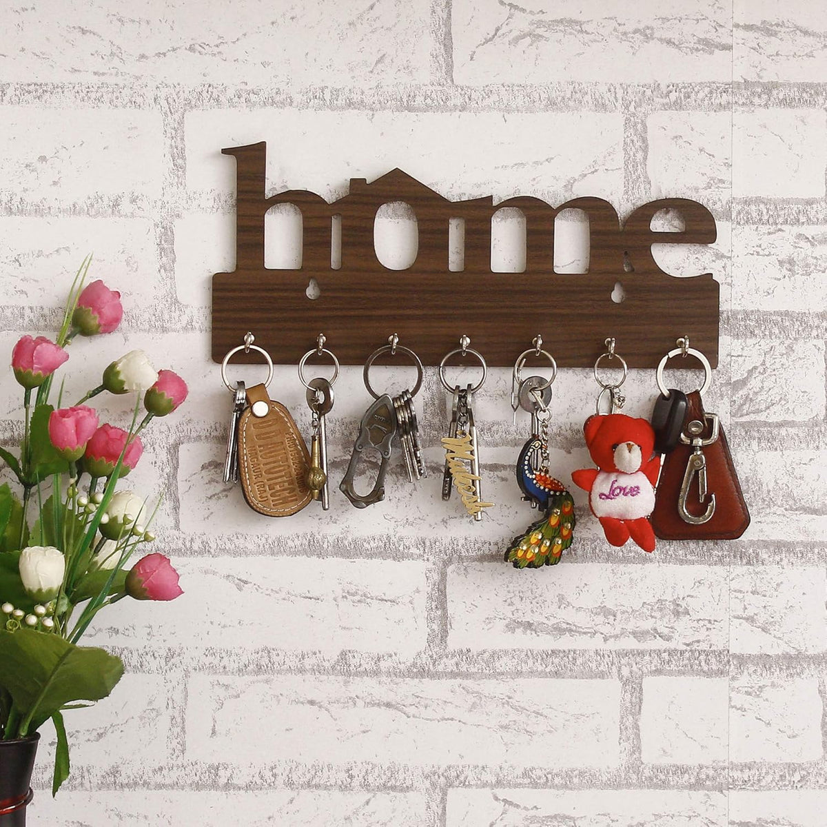 Fashcrafts Wooden Key Holder with 7 Hooks – Decorative Wall Mounted Key Rack for Home, Entryway, Office – 29x13.5 cm, Brown