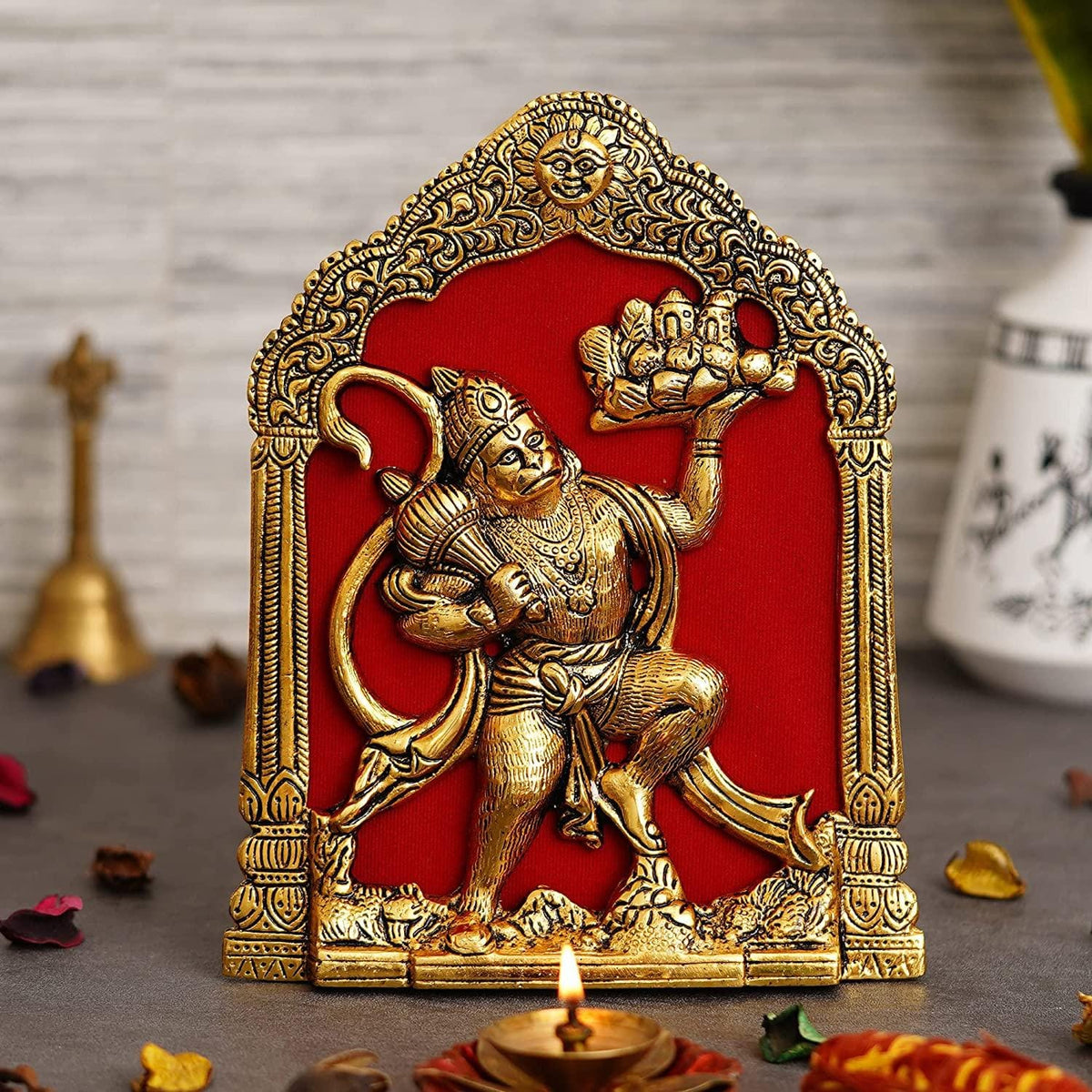 Lord Hanuman Idol – 7x8.5 Inch Metal Statue, Hanuman Ji Murti for Home, Office & Temple Decor, Bajrang Bali Figurine, Gold Finish