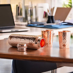 Pure Copper Hammered Water Bottle with 2 Glasses Set | Leak-Proof | Ayurvedic Health Benefits | 1 Litre Bottle + 200 ml Glasses | Matte Finish