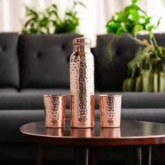 Pure Copper Hammered Water Bottle with 2 Glasses Set | Leak-Proof | Ayurvedic Health Benefits | 1 Litre Bottle + 200 ml Glasses | Matte Finish