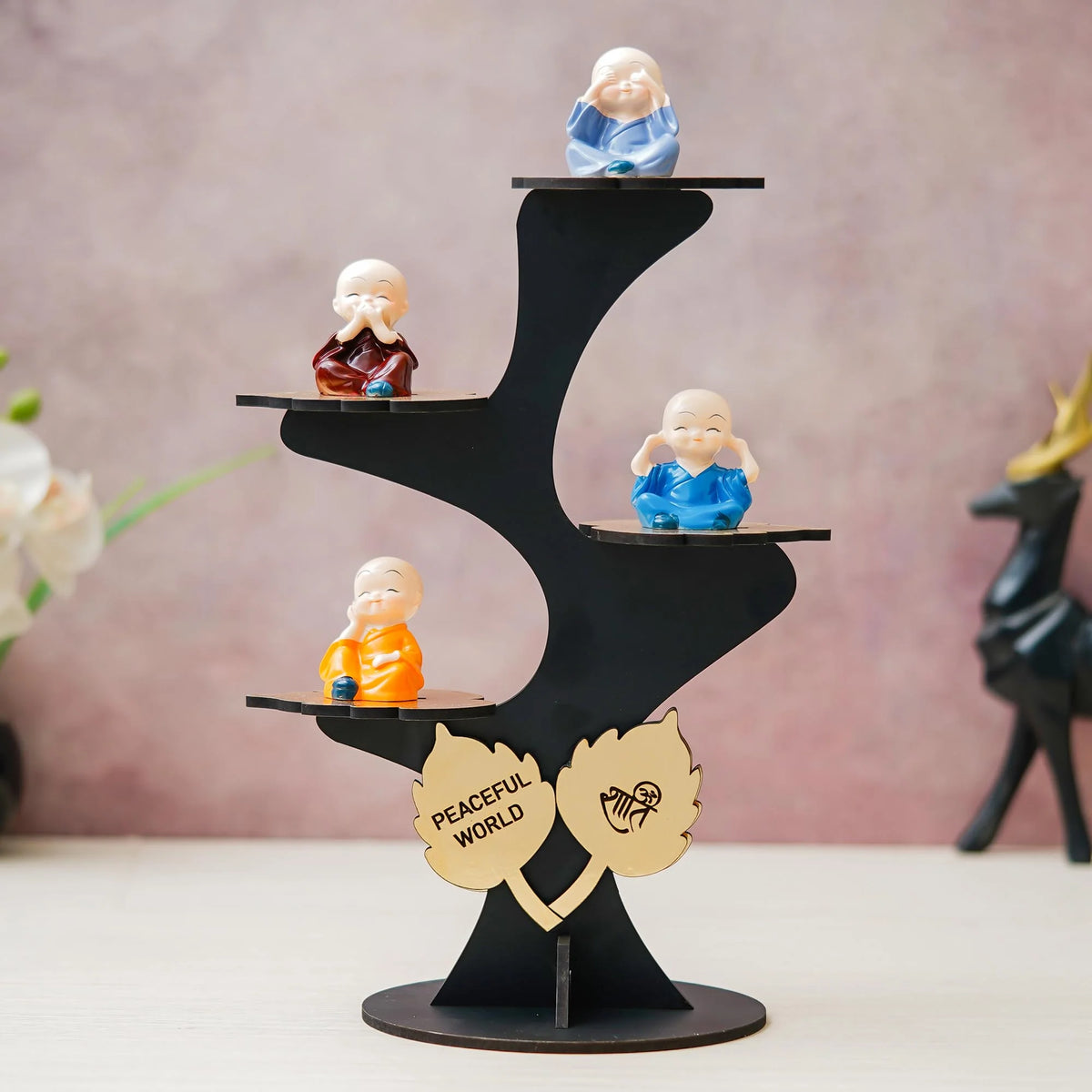 Buddha Monk Figurines with Wooden Stand