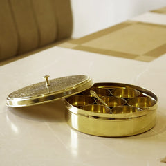 Etched Brass Masala Dabba (7 Inch) | Traditional Indian Spice Box