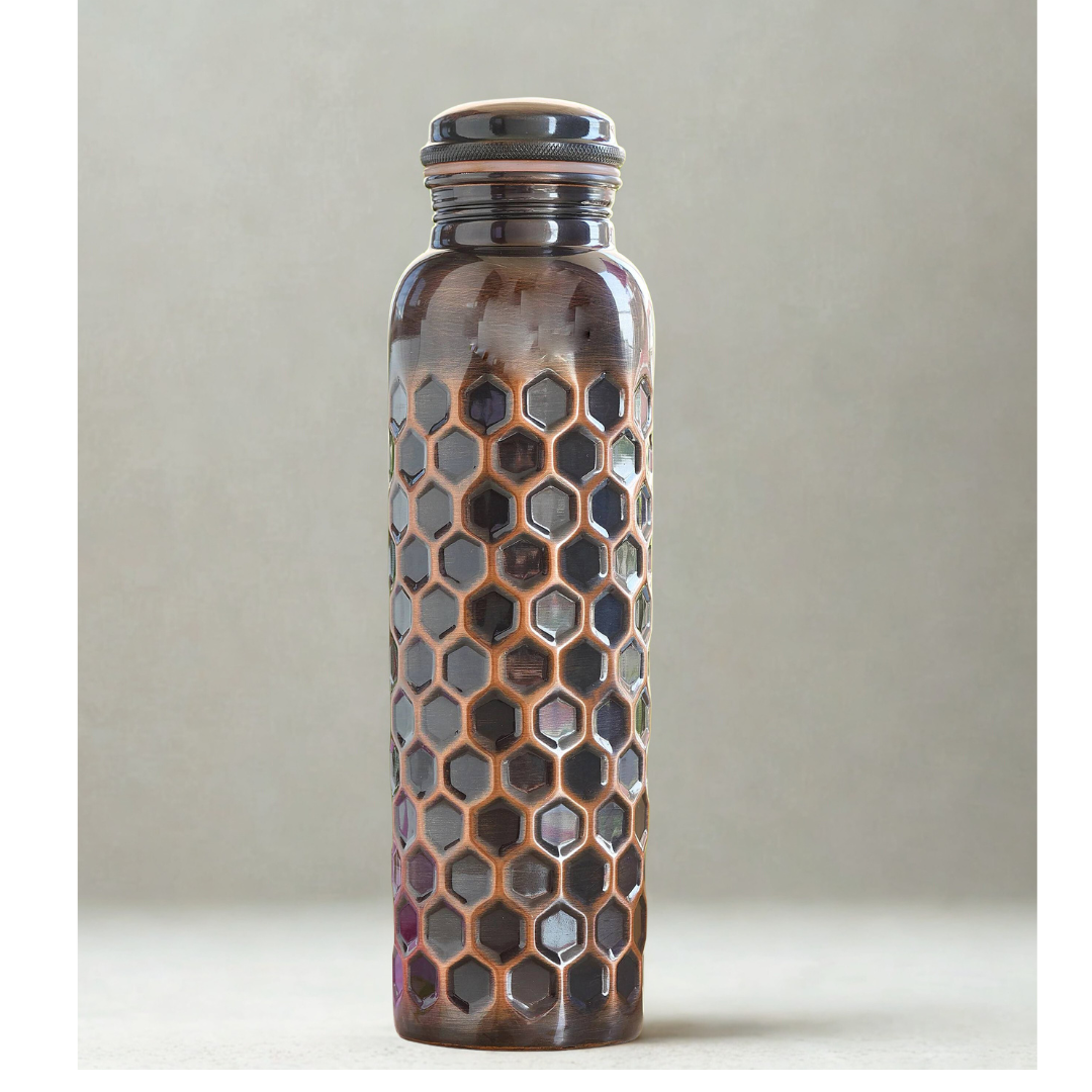 Antique Diamond Design Pure Copper Water Bottle 900 ML Honeycomb Pattern