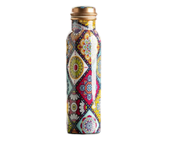 Pure Copper Designer Water Bottle with Multicolor Ethnic Print | Leak-Proof | Ayurvedic Health Benefits | 1000 ml | Antique Copper Cap