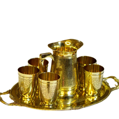 Pure Brass Lemonade & Juice Jug Set with 6 Glasses and Tray | Traditional Drinkware